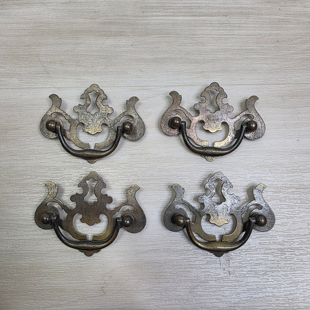 Vintage Ornate Batwing Drawer Pulls Aged Brass Bail Handles Set of 4 3 Inch